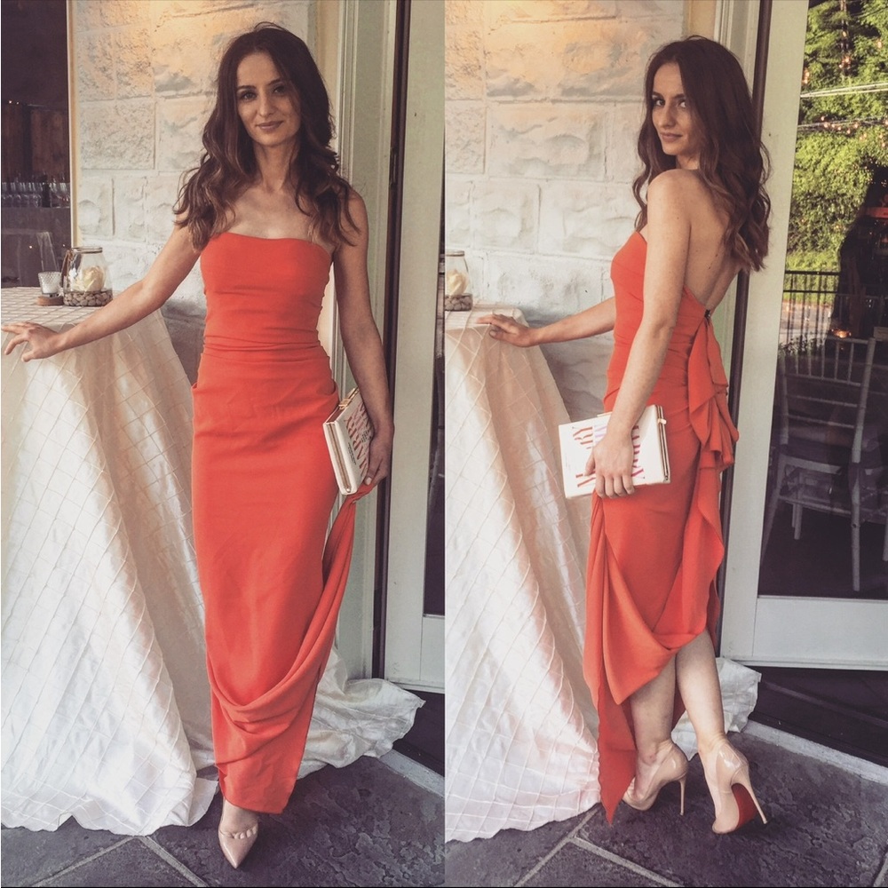 Nicole Bakti Elegant Strapless Red Evening Dress